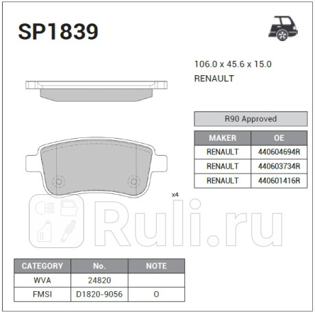 SP1839 - Колодки тормозные дисковые задние (HI-Q) Renault Megane 3 рестайлинг (2014-2016) для Renault Megane 3 (2014-2016) рестайлинг, HI-Q, SP1839
